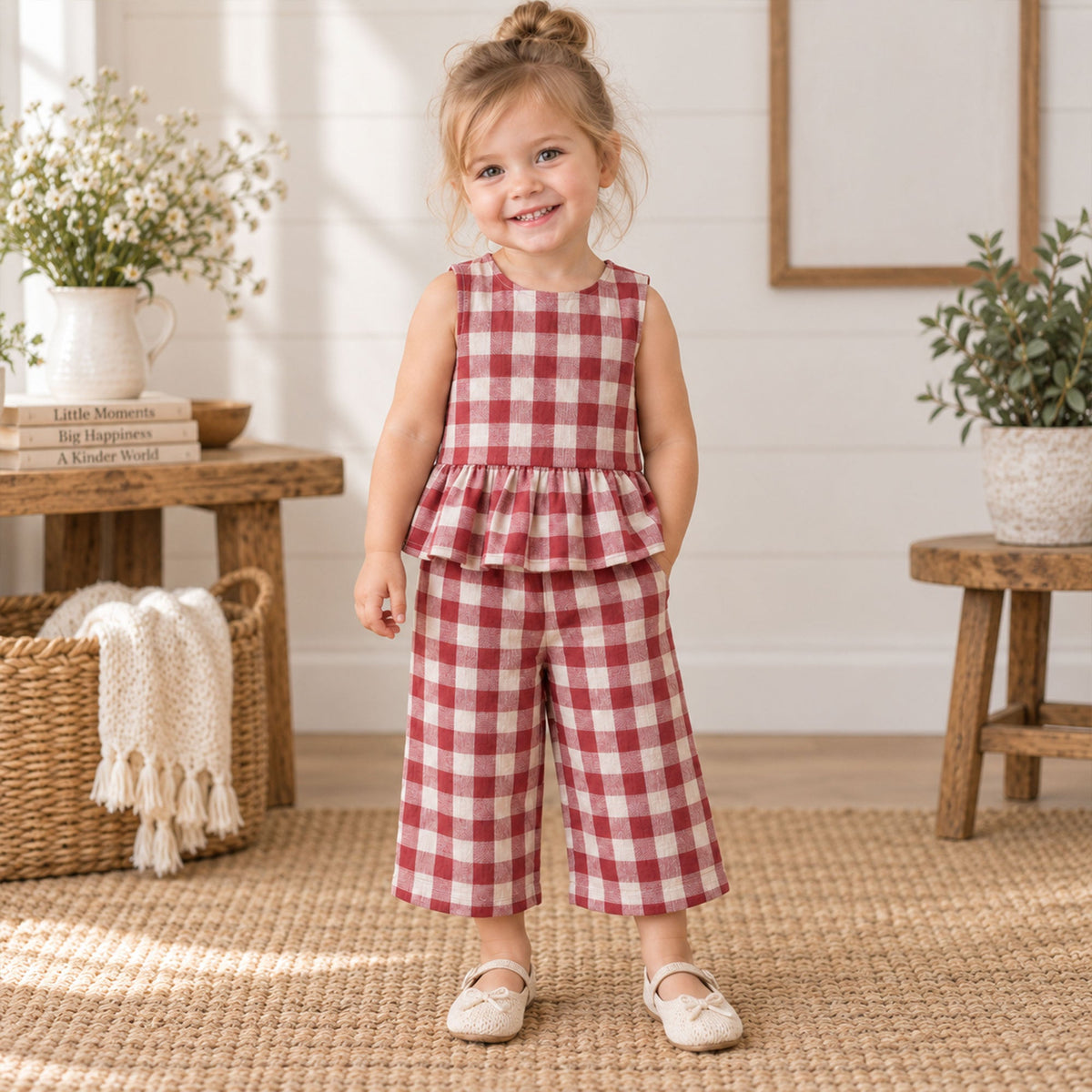 Toddler in a red gingham peplum set