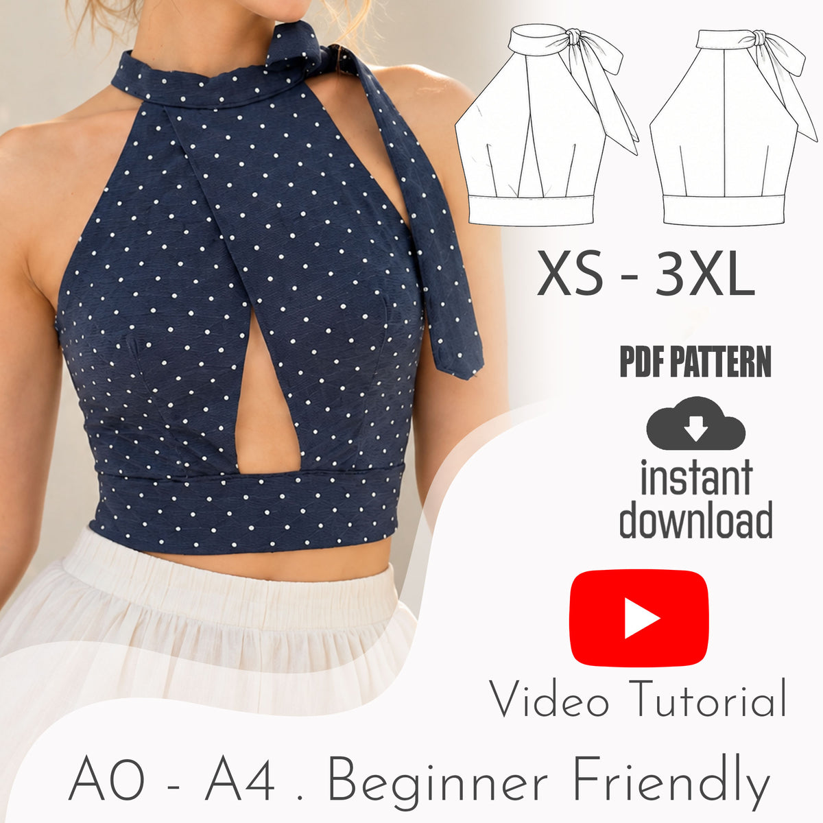 Tie Neck Halter Crop Top Sewing Pattern