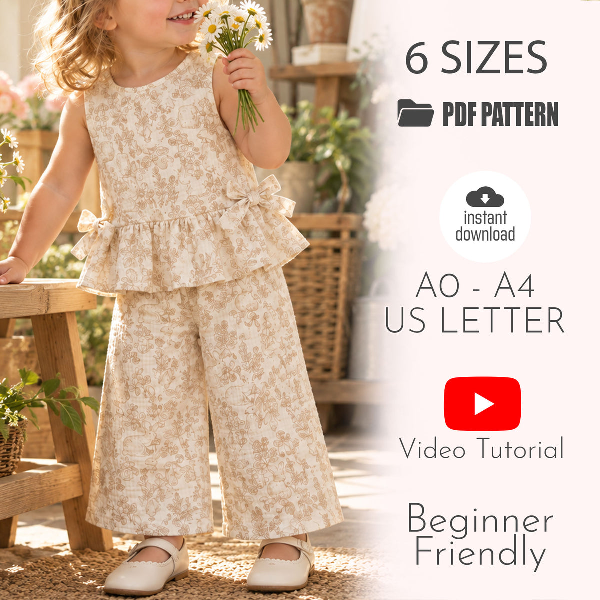 Girls Peplum Top & Wide Leg Pants Sewing Pattern PDF