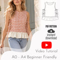Side Tie Ruffle Top Sewing Pattern | Women Summer Top PDF Pattern | Bow Side Sleeveless Blouse Sewing Pattern XS-XL