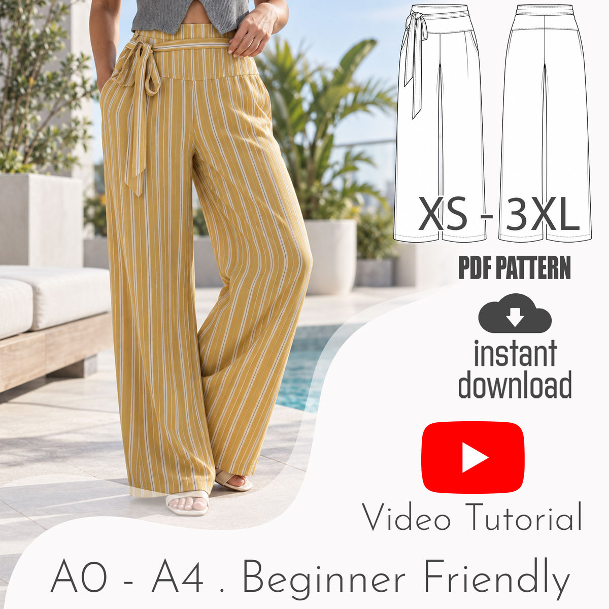 Wrap Tie Wide Leg Pants Sewing Pattern