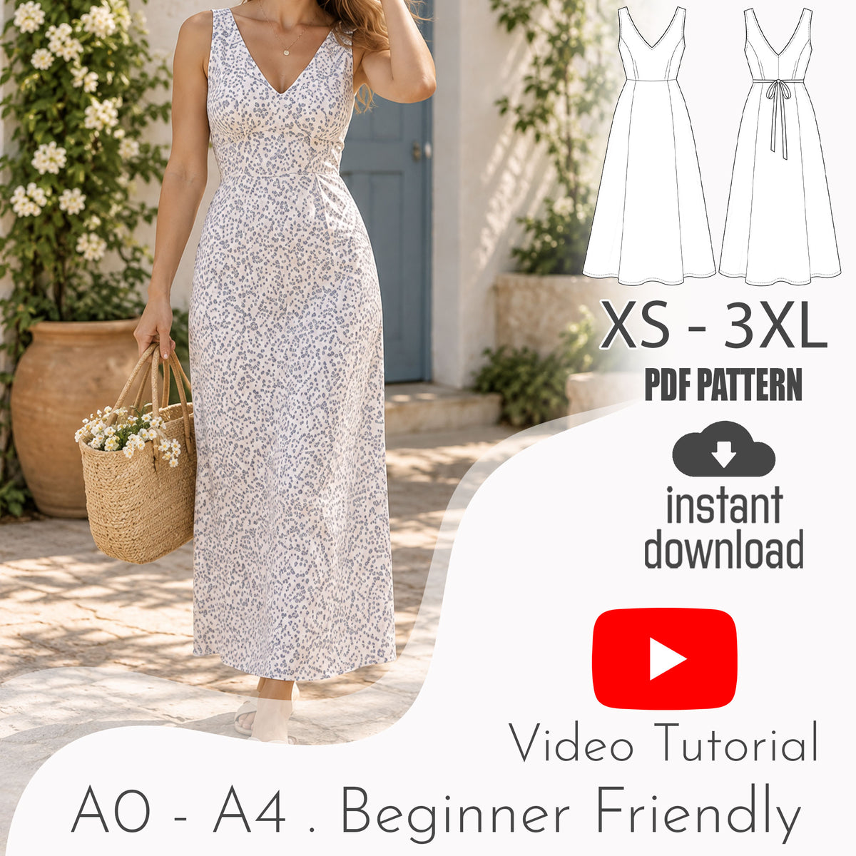 V Neck Tie Back Maxi Dress Sewing Pattern