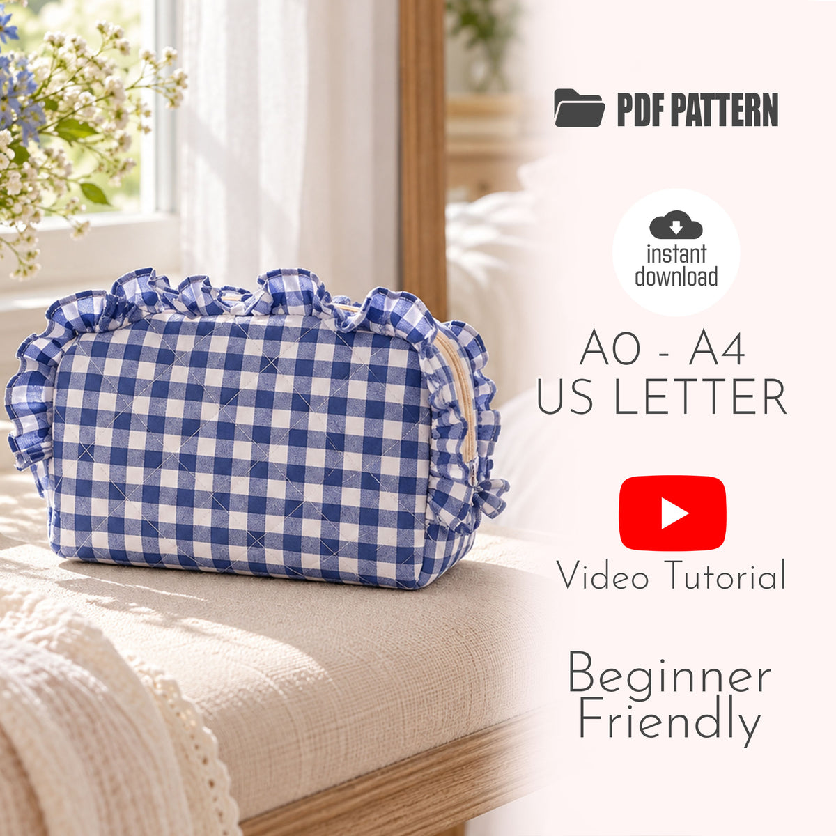Quilted Ruffle Pouch Sewing Pattern PDF