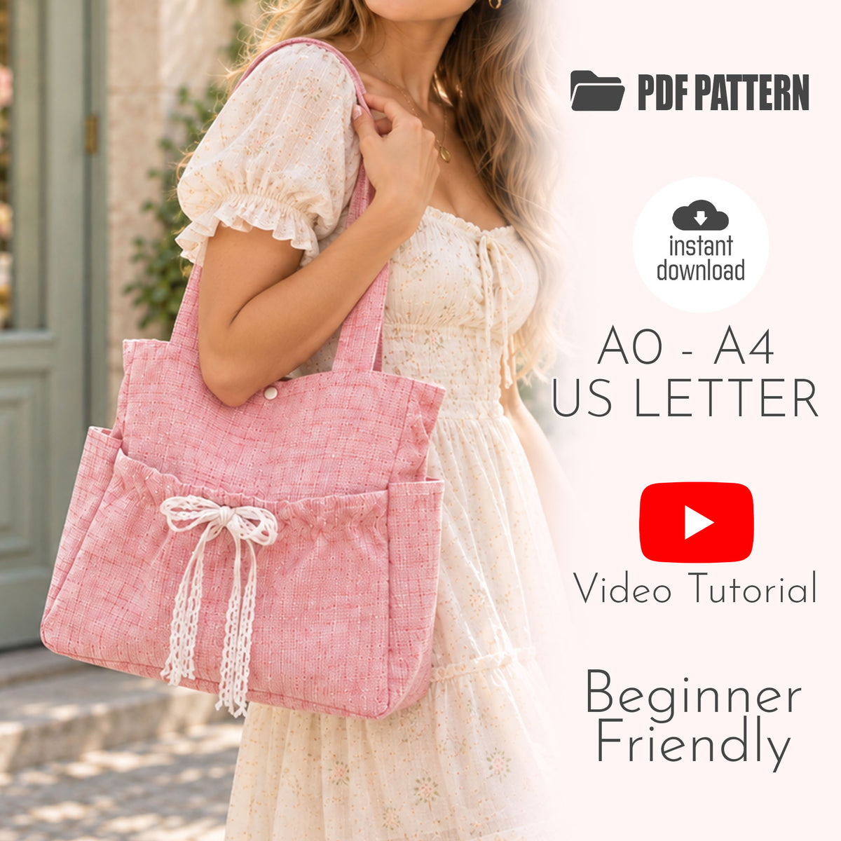 Ruffle Bow Tote Bag Sewing Pattern PDF