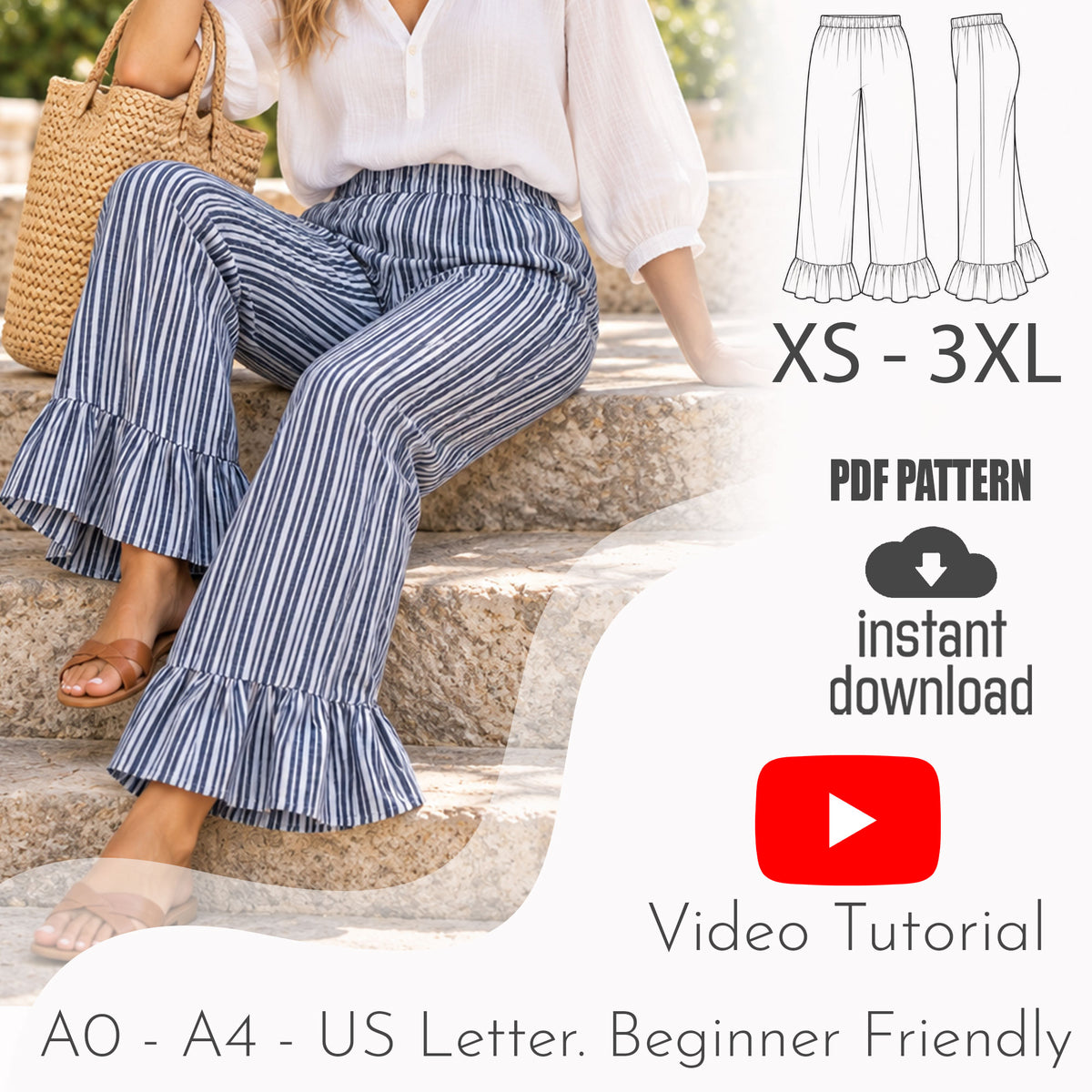 Ruffle Hem Wide Leg Pants Sewing Pattern