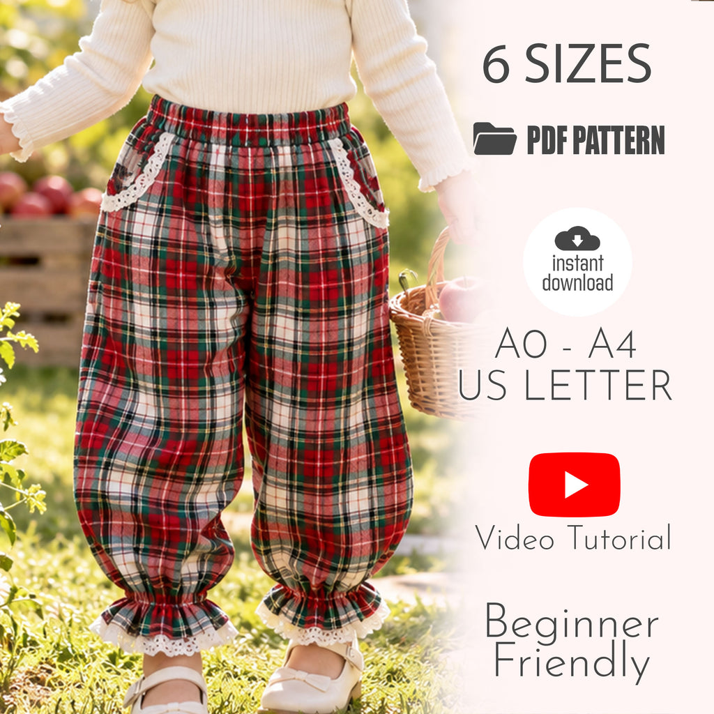 Toddler Ruffle Plaid Pants Sewing Pattern PDF