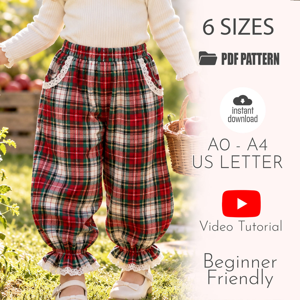 Toddler Ruffle Plaid Pants Sewing Pattern PDF